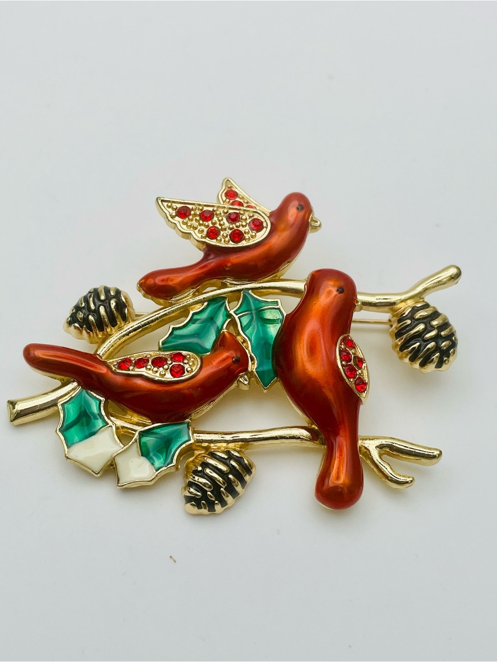 3 Red Enamel Cardinal Bird Brooch Pin w/Holly Accents, Pinecone & Rhinestones.